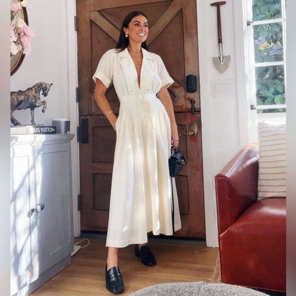Mable Linen Blend Belted Midi Dress Cream Size S